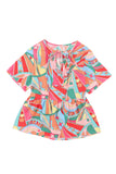 Multicolor Abstract Geometry Print Half Puff Sleeve Loose Shirt