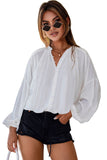 White Solid Color V Neck Balloon Sleeve Shirt