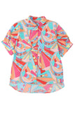 Multicolor Abstract Geometry Print Half Puff Sleeve Loose Shirt