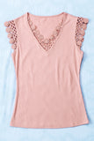 Sky Blue Lace Crochet Ribbed V Neck Tank Top