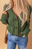 Green Front Pockets Buttons Textured Cardigan