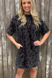 Gray Leopard Pocketed Puff Sleeve Mini Dress