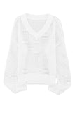 White Hollow Out Knitted Loose Fit V Neck Sweater