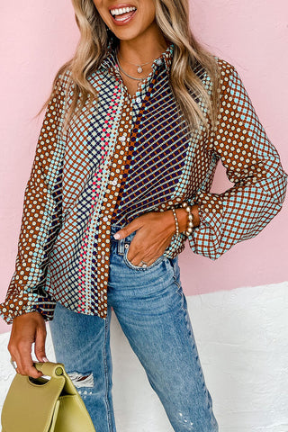 Brown Dot Print Long Sleeve Button Down Shift Shirt