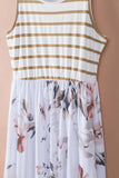 White Striped Floral Print Sleeveless Maxi Dress with Pocket