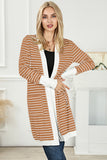 White Striped Side Pockets Open Front Cardigan