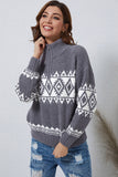 Gray Western Geometric Printed Quarter Zip Pullover Sweater