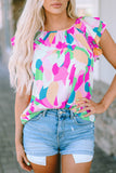 Multicolor Abstract Pattern Ruffle Short Sleeves Blouse