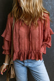 Red Swiss Dot Lace up V Neck Ruffled Blouse