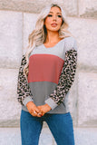 Red Wild Leopard Contrast Sleeve Colorblock Waffle Knit Top