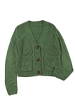 Green Front Pockets Buttons Textured Cardigan