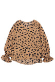 Leopard V Neck Ruffled Cuffs Loose Blouse