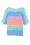 Sky Blue Knitted Eyelet Colorblock Striped Half Sleeves Top