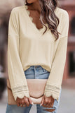 Apricot Ribbed Texture Lace Trim V Neck Long Sleeve Top