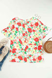 Red Floral Print Ruffled Short Sleeve V Neck Blouse