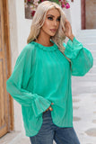 Green Striking Pleated Flared Cuff Long Sleeve Blouse