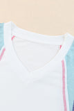 White Stripe Patchwork V Neck T Shirt