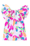 Multicolor Abstract Pattern Ruffle Short Sleeves Blouse