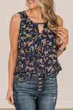 Blue Cutout Decor Round Neck Floral Tank Top