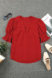 Red Solid Color Half Sleeve V Neck Blouse