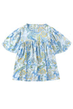 Sky Blue Paisley Pattern Print Drawstring V Neck Blouse