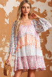 Sky Blue Floral Colorblock Tiered Puff Sleeve Dress