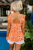 Orange Floral Print Square Neck Ruffle Tank Top