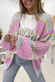 Pink Contrast Striped Open Front Cable Cardigan