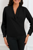 Black Solid Wrap V Neck Long Sleeve Top