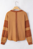 Orange Contrast Patched Exposed Seam Waffle Knit Henley Top