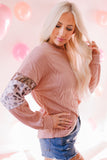 Pink Leopard Sequin Splicing Sleeves Textured Knit Top