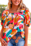 Multicolor Square Neck Abstract Print Short Sleeve Blouse