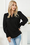 Black Solid Surplice Neck Shirred Cuffs Draped Blouse