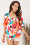 Multicolor Square Neck Abstract Print Short Sleeve Blouse