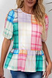 Multicolor Bold Plaid Color Block Puff Sleeve Peplum Top