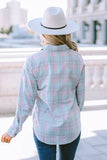 Pink Collared Neckline Plaid Pattern Long Sleeve Shirt