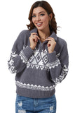 Gray Western Geometric Printed Quarter Zip Pullover Sweater