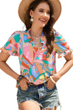 Multicolor Abstract Geometry Print Half Puff Sleeve Loose Shirt