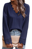 Apricot Ribbed Texture Lace Trim V Neck Long Sleeve Top