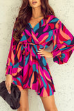 Red Abstract Printed Belted Puff Sleeve Mini Dress