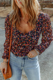 Black  V Neck Bubble Sleeve Floral Blouse