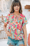 Multicolor Abstract Geometry Print Half Puff Sleeve Loose Shirt