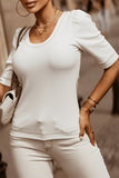 White Round Neck Half Sleeve Ribbed Knit Top