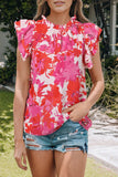 Rose Floral Flutter Sleeves Frilled Neck Blouse