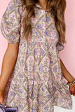 Pink Floral Button Shirt Collar Puff Sleeve Ruffle Dress