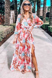 Tropical Plant Print Long Sleeve Wrap V-Neck Slit Maxi Dress