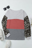 Red Wild Leopard Contrast Sleeve Colorblock Waffle Knit Top