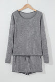 Gray Long Sleeve Top and Drawstring Shorts Lounge Set