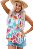 Sky Blue Brush Print Ruffle Trim Peplum Tank Top