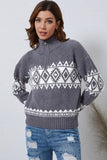 Gray Western Geometric Printed Quarter Zip Pullover Sweater